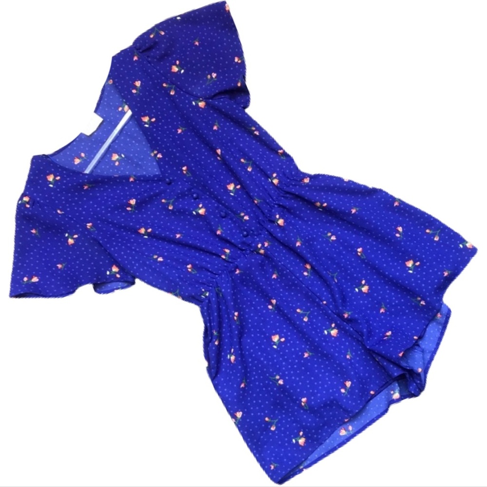 SIENNA SKY Blue Star & Tulip Print Button Down V Neck Short Sleeve Romper - Picture 1 of 6